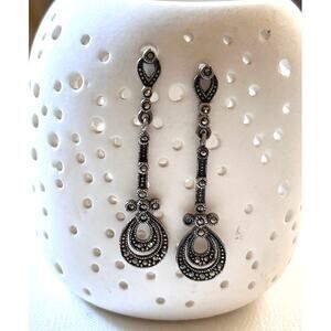 Vintage Sterling Silver 925 Marcasite Long Drop Earrings Art Deco Style